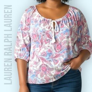 LRL Lauren Jeans Peasant Blouse Womens Large Pink Blue Floral Paisley Boho Top